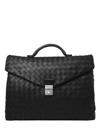 Bottega Veneta Dark Brown Intreccio Business Bag In Black