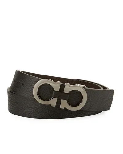 Ferragamo Moufflon Adjustable & Reversible Double-gancini Buckle Leather Belt In Black/hickory