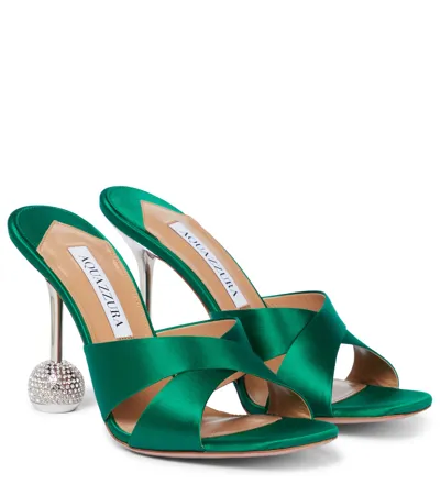 Aquazzura Yes Darling Embellished-heel Satin Mules In Emerald