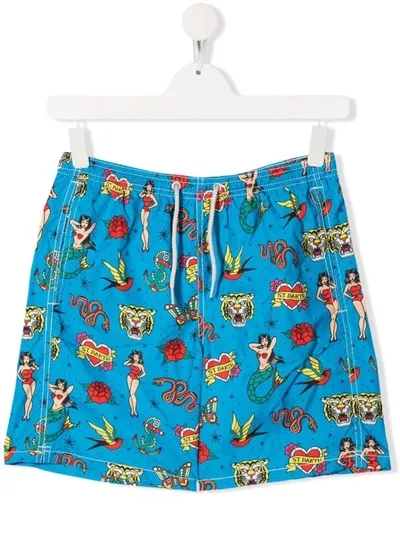 Mc2 Saint Barth Kids' Graphic Print Drawstring Swim Shorts In Blau