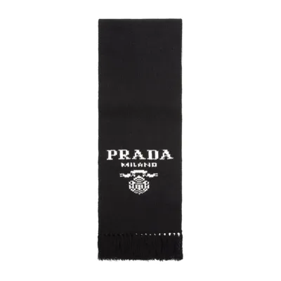 Prada Intarsia-knit Logo Scarf In Black