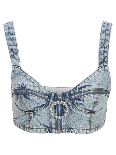 Alessandra Rich Crystal-embellished Zip-pull Denim Bralette In Navy