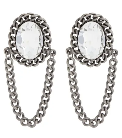 Alessandra Rich Crystal Oval Earrings With Hanging Chain In Silver