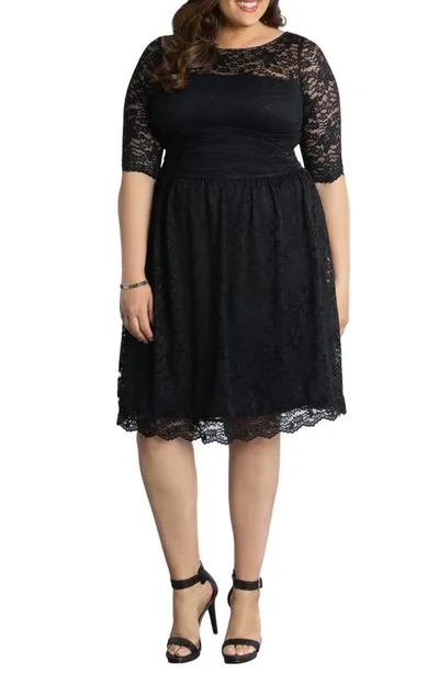 Kiyonna Women's Plus Size Luna Lace Cocktail Midi Dress In Onyx