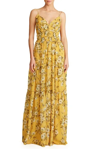 ml Monique Lhuillier Gold Ochre Tiered Ruched Floral-print Georgette Maxi Dress