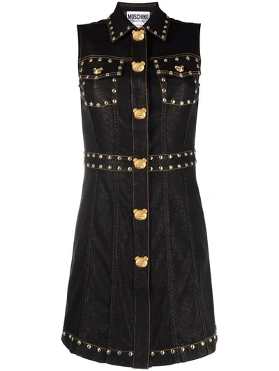 Moschino Teddy Studs Stretch Denim Dress In Black