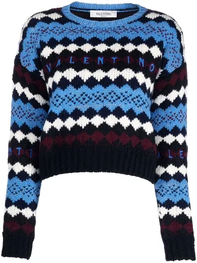 Valentino Cropped Embroidered Metallic Wool Sweater In Blue