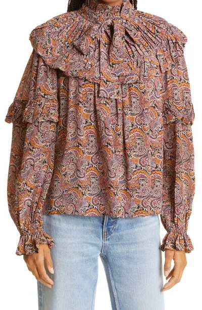 Ulla Johnson Margeurite Paisley Ruffle Silk Blouse In Maroon