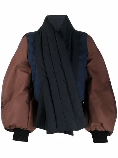 Loewe Scarf-detailed Leather-trimmed Quilted Padded Cotton Bomber Jacket In Navy/brown