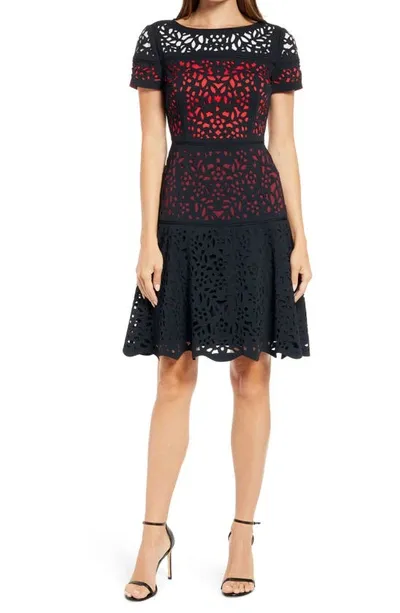 Shani Ombre Fit And Flare Laser Cutting Dress In Black Red