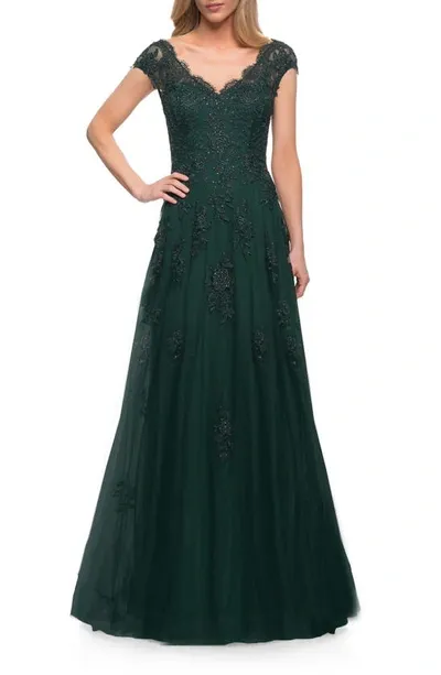 La Femme Cascading Embellishment Short Sleeve Lace Gown In Dark Emerald