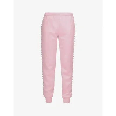 Moschino Womens Fantasy Print Pink Faux Pearl-embellished Tapered High-rise Jersey Jogging Bottoms 8