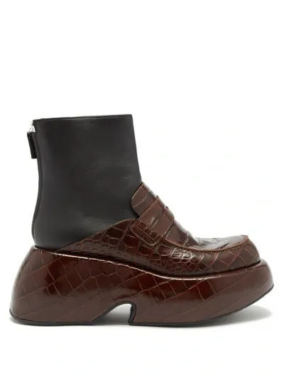 Loewe Croc-effect And Smooth Leather Platform Ankle Boots In Brown