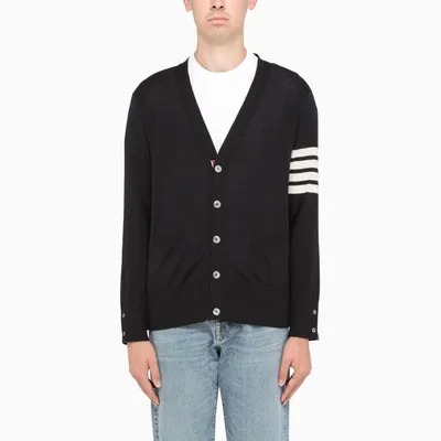 Thom Browne Navy Wool Striped Cardigan In Blue