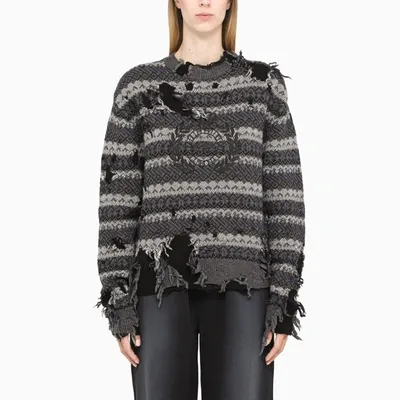 Balenciaga Grey Pattern Ripped Sweater With Logo Embroidery