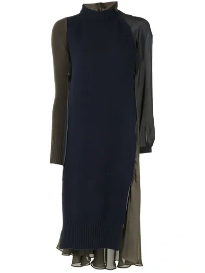 Sacai Contrasting Knitted-panel Dress In Blue