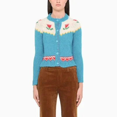 Miu Miu Turquoise Cardigan With Motif In Light Blue