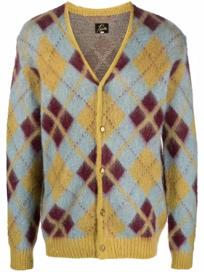 Needles Argyle-jacquard Mohair-blend Cardigan In Yellow,light Blue,red