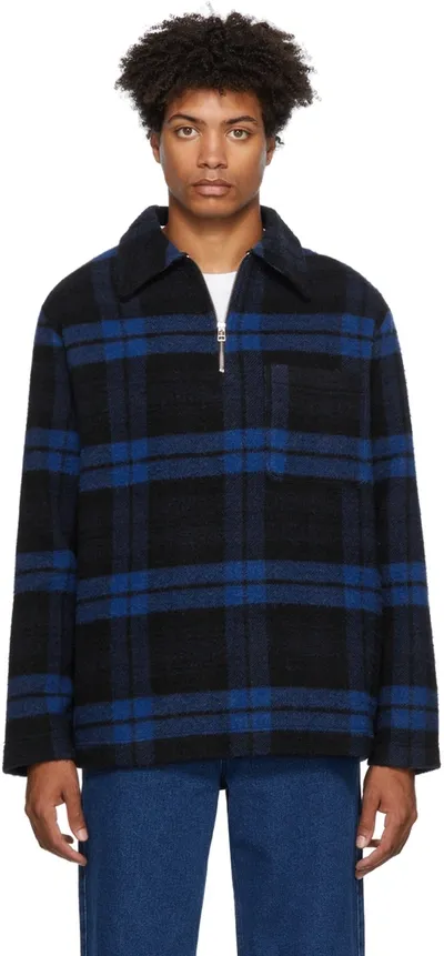 Schnayderman’s Half Zip Boiled Wool Check In Blue And Black