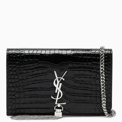 Saint Laurent Black Leather Print Kate Chain Wallet