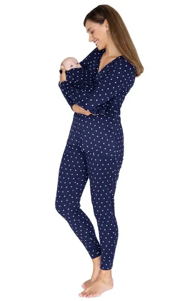 Angel Maternity Polka Dot Maternity/nursing Pajamas & Baby Pouch Set In Navy