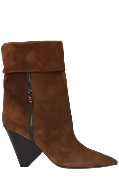 Saint Laurent Niki Logo-embellished Leather-trimmed Suede Ankle Boots In Brown