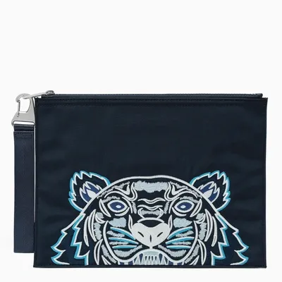 Kenzo Blue Fabric Tiger-embroidery Pouch