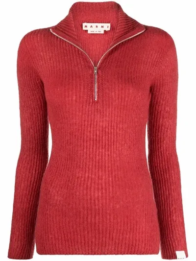 Marni Ribbed-knit Half-zip Jumper In 00r66 Red