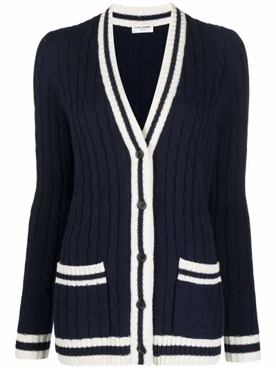 Saint Laurent Striped Cable-knit Cashmere Cardigan In Blue