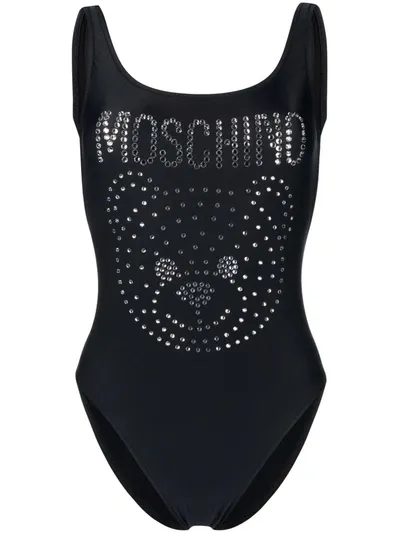 Moschino Rhinestone-logo Detail Swimsuit In Fantasy Print Black