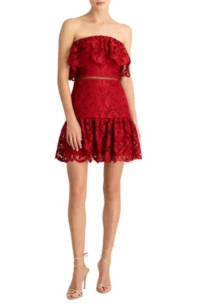 ml Monique Lhuillier Strapless Lace Cocktail Minidress In Cerise Red