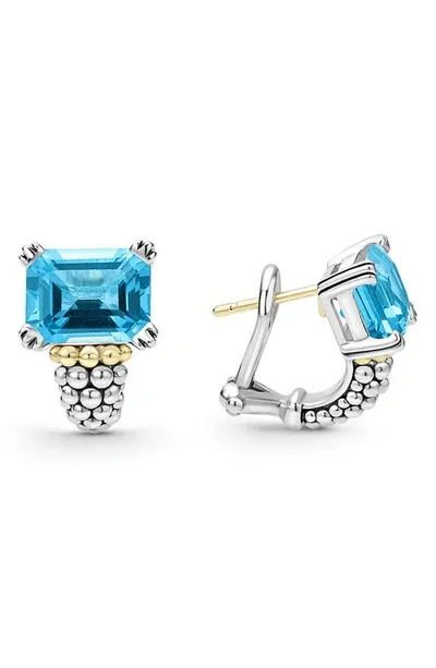 Lagos 18k Yellow Gold & Sterling Silver Glacier Blue Topaz Caviar Beaded Large Half Hoop Earrings In Blue/silver