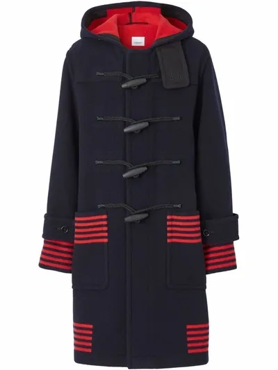 Burberry Stripe-detail Wool Duffle Coat In Deep Ink Blue