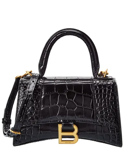 Balenciaga Hourglass Xs Croc-effect Leather Tote In Black