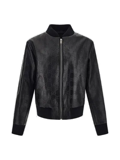 Gucci Leather Gg Supreme Bomber Jacket In Black