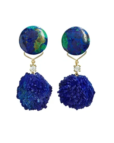 Jan Leslie 18k Bespoke 2-tier One-of-a-kind Luxury Earrings W/ Azurite Malachite, Azurite Druzy & Diamonds