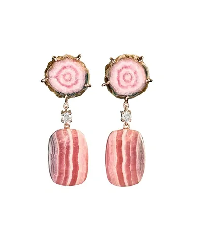 Jan Leslie 18k Bespoke 2-tier One-of-a-kind Luxury Earrings W/ Pink Stalactite, Rhodochrosite & Diamonds