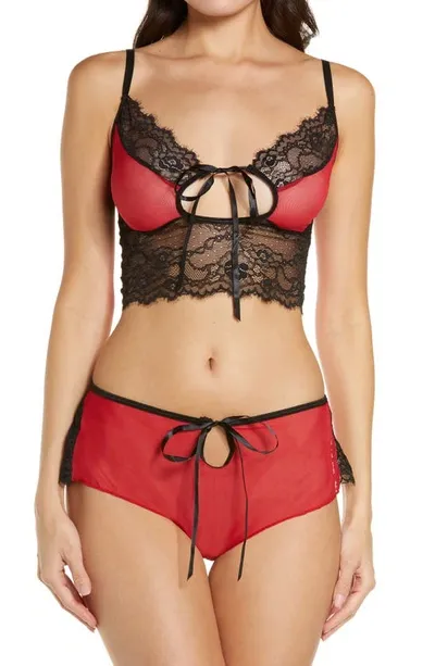 Coquette Lace & Mesh Longline Bralette & Boyshorts Set In Red