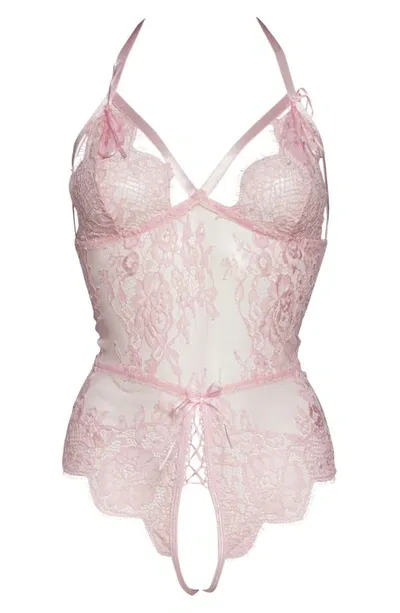 Coquette Open Gusset Lace Teddy In Pink