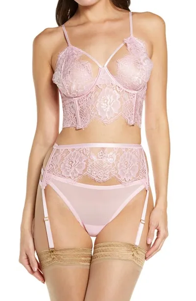 Coquette Lace Longline Underwire Bra, Garter Belt & Thong Set In Pink