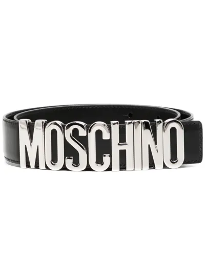 Moschino Logo-lettering Leather Belt In Schwarz,silber