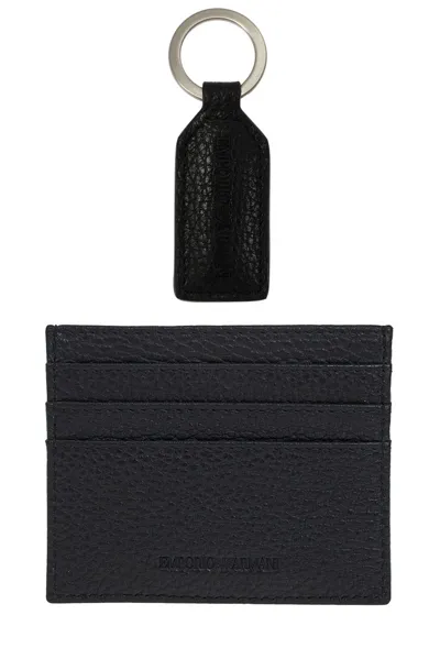 Emporio Armani Logo-embossed Leather Cardholder And Keyring In Black