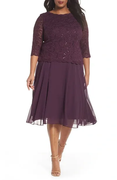 Alex Evenings Mock Two-piece Midi Dress In Deep Plum