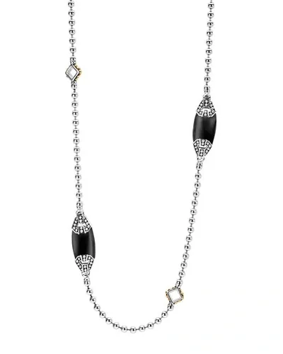 Lagos 18k Gold And Sterling Silver Caviar Color Onyx Station Necklace, 34 In Black/silver