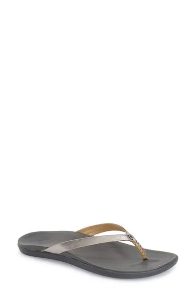 Olukai 'ho Opio' Leather Flip Flop In Metallic Silver Leather