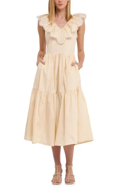 English Factory Ruffle Yoke Tiered Hem Midi Dress In Beige