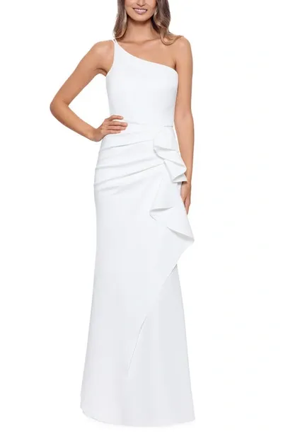 Xscape One-shoulder Scuba Ruffle Gown In Ivory