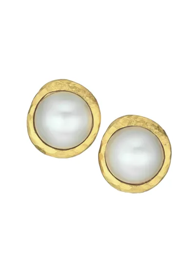 Kenneth Jay Lane Women's Satin Goldplated & Faux Pearl Cabochon Button Clip-on Earrings In Satin Gold White Pearl