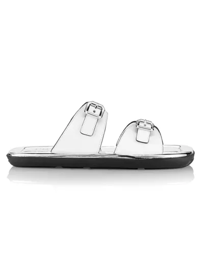 Prada Natural 20mm Double Buckle Slide Sandal With Metallic Soles In Bianco