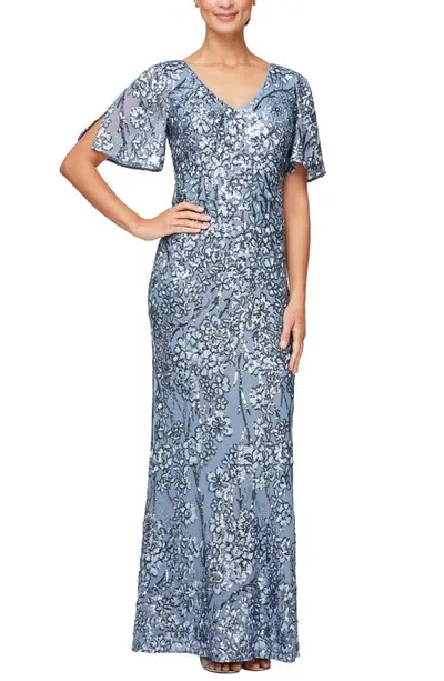 Alex Evenings Sequin Lace Cold Shoulder Trumpet Gown In Hydrangea